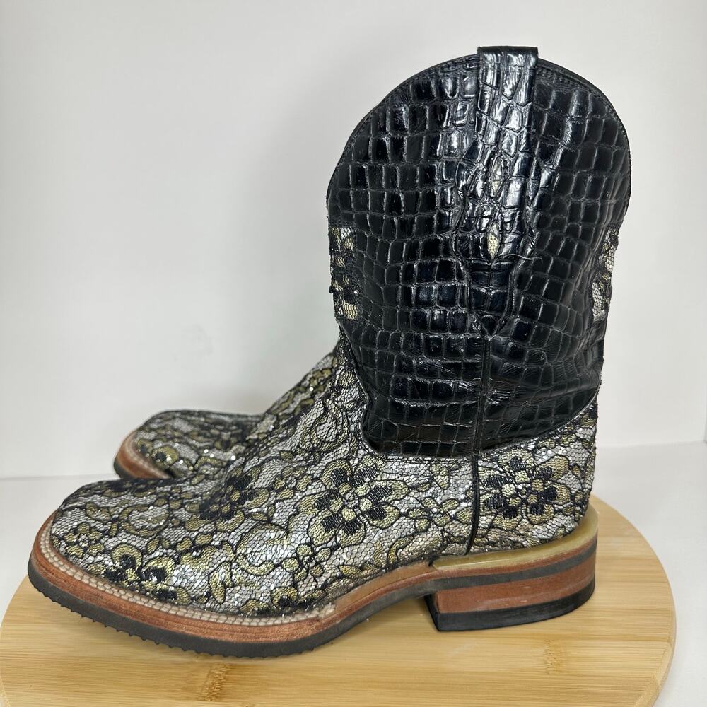 Ferrini Cowgirl Cool Floral Leather Boots Black Silver Size 8.5 - Picture 3 of 8